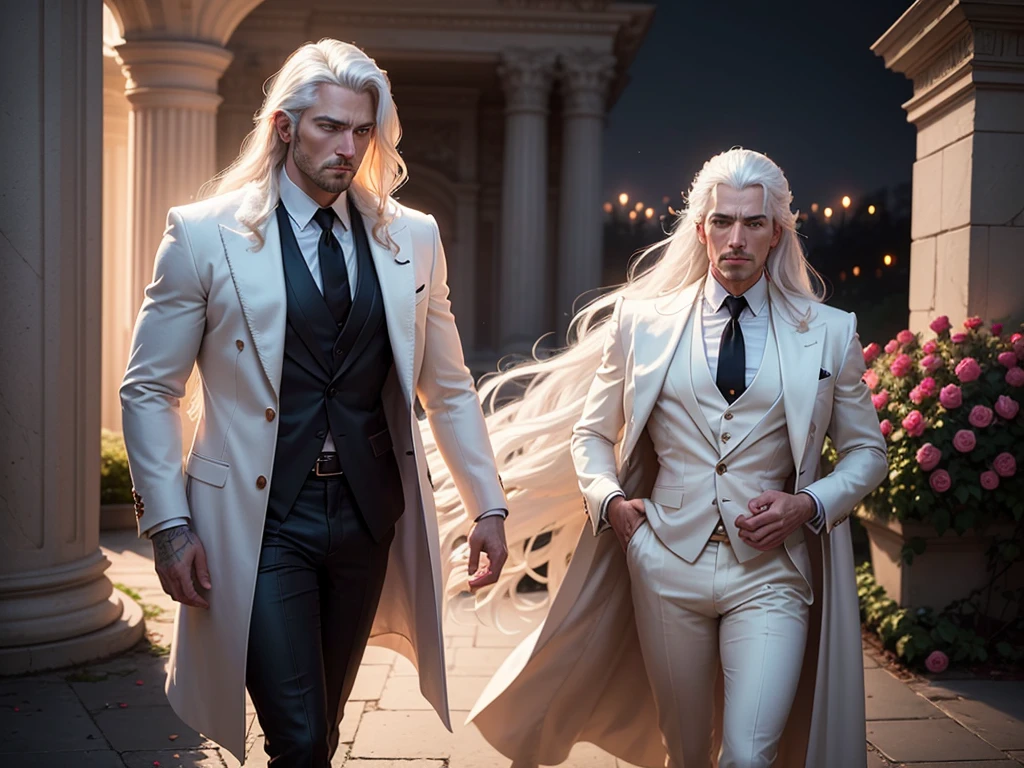 A tall and very handsome 20 year old man, He is slender, but defined, very light skin looks like snow, white hair your hair is long, but it's tied. He has a lot of beauty. sem beard, light blue eyes. He's alone in his room.