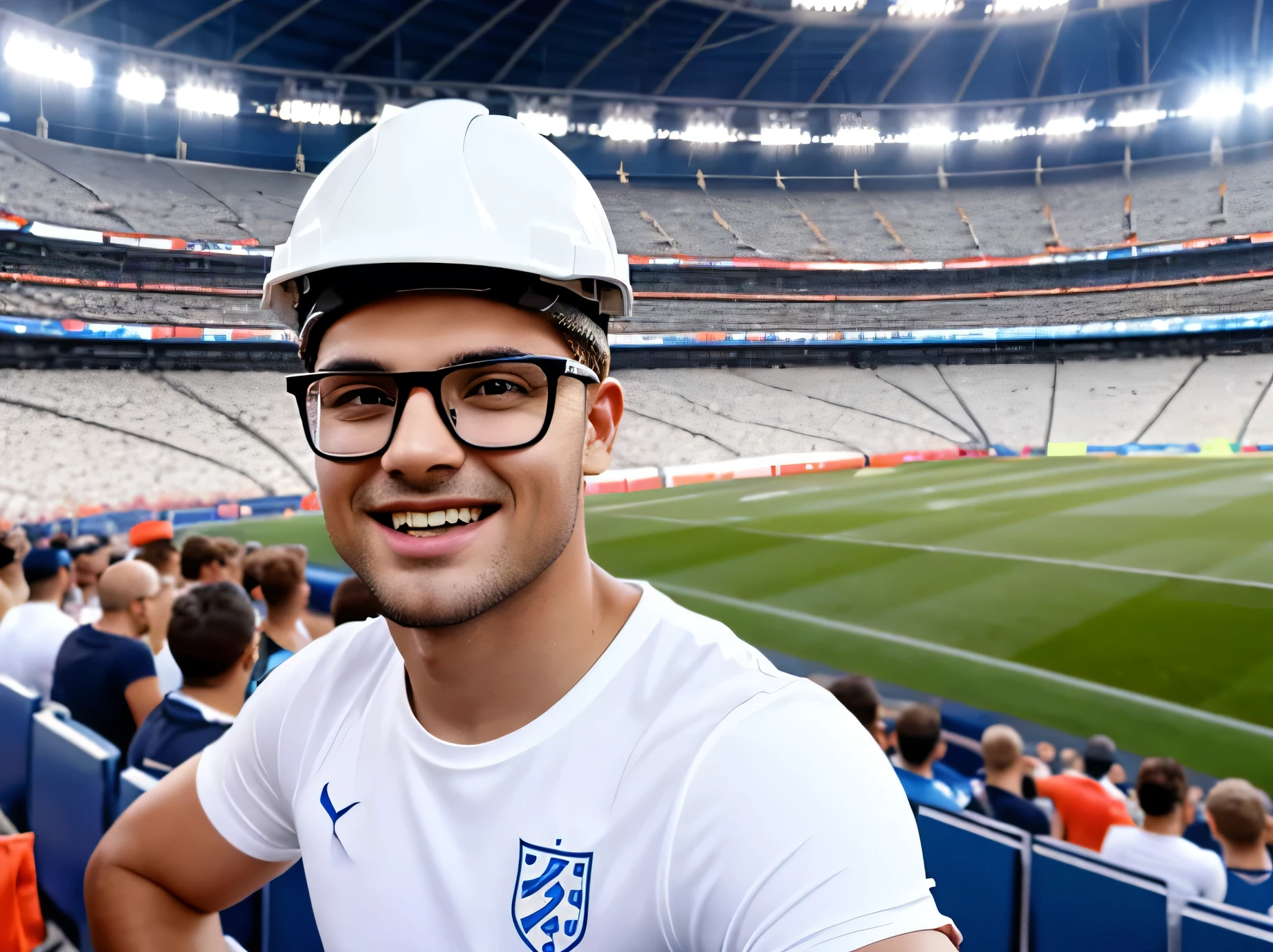 a young man in a plain t-shirt in glasses, with a white construction safety helmet on a head, excited cheering on a huge stadium full of happy people, during football match at Euro 2024, making selfies, soccer players on a pitch