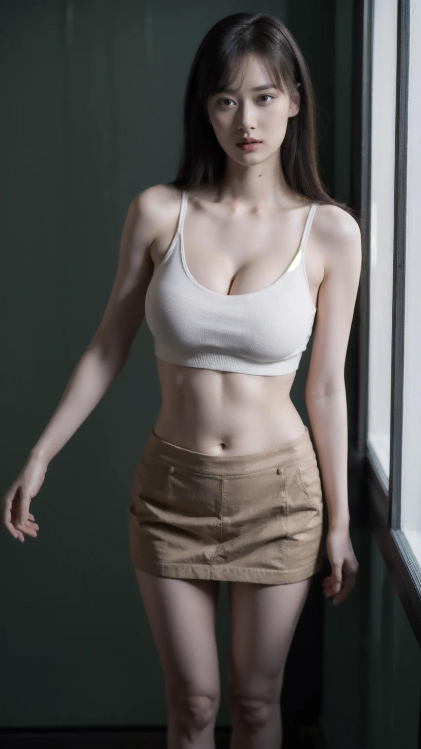 1girl, woman, masterpiece, best quality, highest quality, cinematic lighting, (volumetric lighting), extremely detailed CG unity 8k wallpaper, focused, 8k wallpaper, extremely detailed, ultra realistic, photorealistic, sharp focus, absurdres, (HDR:1.2), (high contrast), photograph, detailed and intricate, instagram, portrait, highly detailed, digital painting, artstation, concept art, smooth, sharp focus, illustration, cinematic lighting, (natural big breast:1.2), (whole body:1.2), knit strap tank top, ((standing)), thighs, mini skirt, (full body), looking at the viewer, (skinyy, slender body), long hair