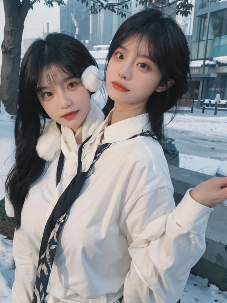 Best quality,masterpiece,Double tail,Ultra-high resolution,snow,16K,Snow background,(Photo Realism:1.4),1 Girl,JK,sexly,(shirt and tie:1.2),(Big breasts:2.3),(Upper body:1.4)