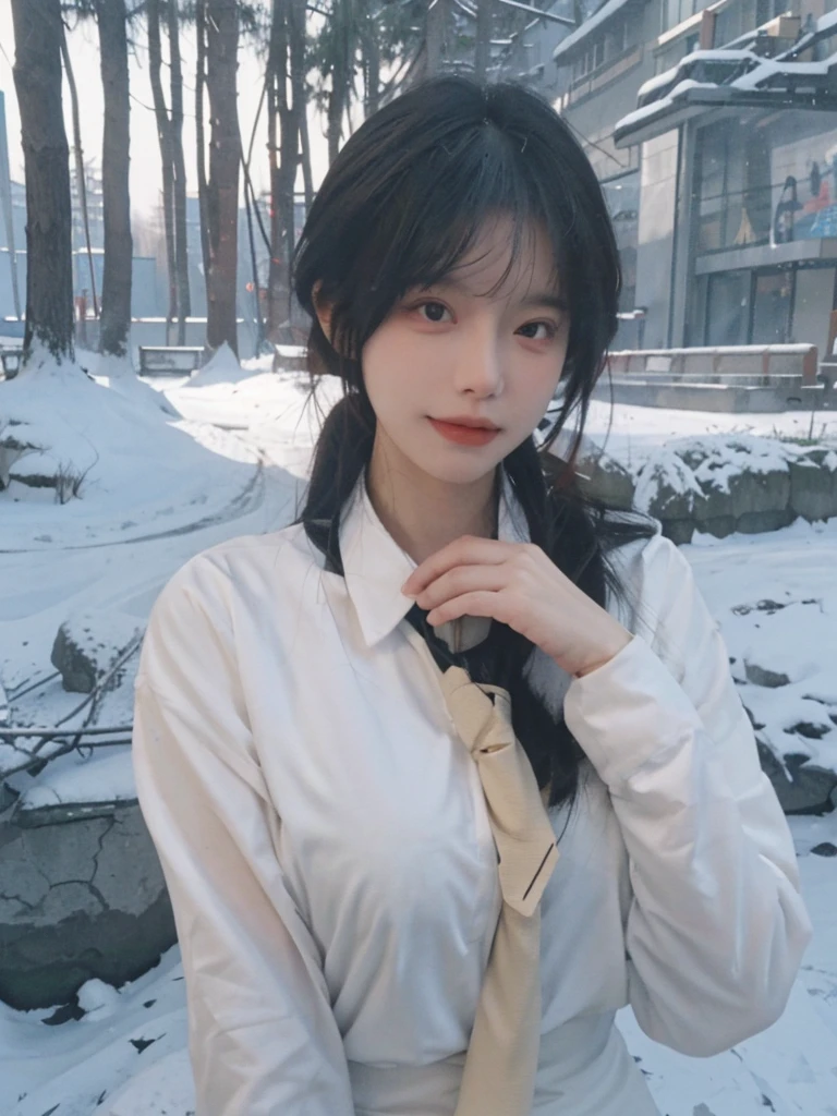 Best quality，masterpiece，Double tail，Ultra-high resolution，snow，16K,Snow background，（Photo Realism：1.4),1 Girl，JK，sexly，（shirt and tie：1.2),（Big breasts：2.3),（Upper body：1.4)