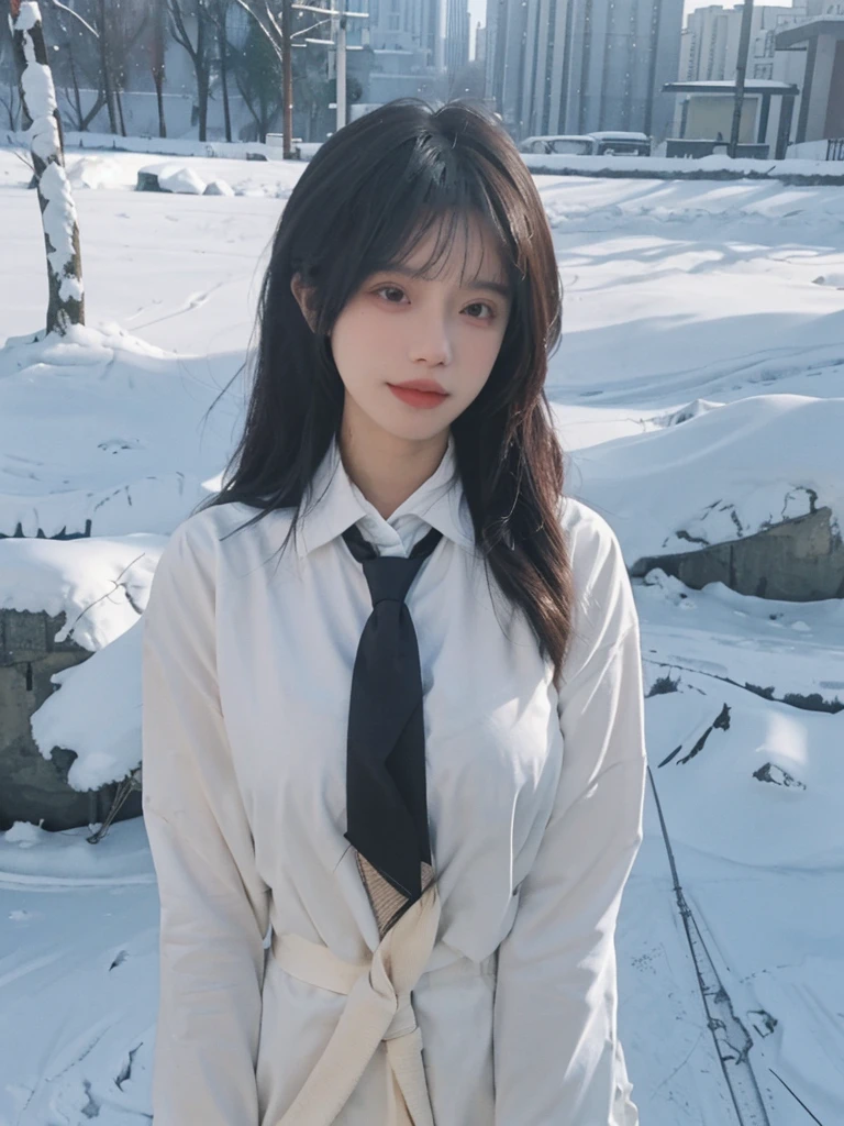 Best quality，masterpiece，Double tail，Ultra-high resolution，snow，16K,Snow background，（Photo Realism：1.4),1 Girl，JK，sexly，（shirt and tie：1.2),（Big breasts：2.3),（Upper body：1.4)