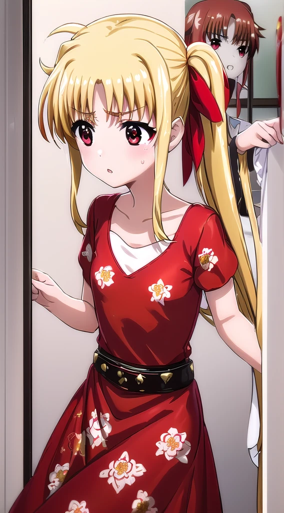 1girl, fate testarossa, long hair, blonde hair, (red eyes:1.5), twintails, red hair ribbon, A person with blonde hair styled in a low bun adorned with a decorative gold accessory is shown with eyes closed. They have dramatic makeup including bold eyebrows, winged eyeliner, glittering eyeshadow, and bright red lipstick. The individual is wearing a light pink robe that is tied at the waist with a matching belt. In the background, a shelf witha woman standing in front of a mirror wearing a red and white floral print dress, red floral dress, wearing red formal attire, extravagant dress, elegant red dress, celestial red flowers vibe, wearing an evening gown, sexy gown, stunning elegant, she arrived in a red dress, full dress, wearing a red dress, elegence, wearing red dress, wearing pink floral gown, wearing red, wearing a magnificent dress, elegent, in a red dress, girl wears a red dress, red dressa woman standing in front of a mirror wearing a red and white floral print dress, red floral dress, wearing red formal attire, extravagant dress, elegant red dress, celestial red flowers vibe, wearing an evening gown, sexy gown, stunning elegant, she arrived in a red dress, full dress, wearing a red dress, elegence, wearing red dress, wearing pink floral gown, wearing red, wearing a magnificent dress, elegent, in a red dress, girl wears a red dress, red drea woman standing in front of a mirror wearing a red and white floral print dress, red floral dress, wearing red formal attire, extravagant dress, elegant red dress, celestial red flowers vibe, wearing an evening gown, sexy gown, stunning elegant, she arrived in a red dress, full dress, wearing a red dress, elegence, wearing red dress, wearing pink floral gown, wearing red, wearing a magnificent dress, elegent, in a red dress, girl wears a red dress, anime 4k, hd, detailed, perfect anatomy, perfect hands, perfect face, (masterpiece), best quality, expressive eyes, perfect face, (masterpiece, high quality, best quality:1.3)