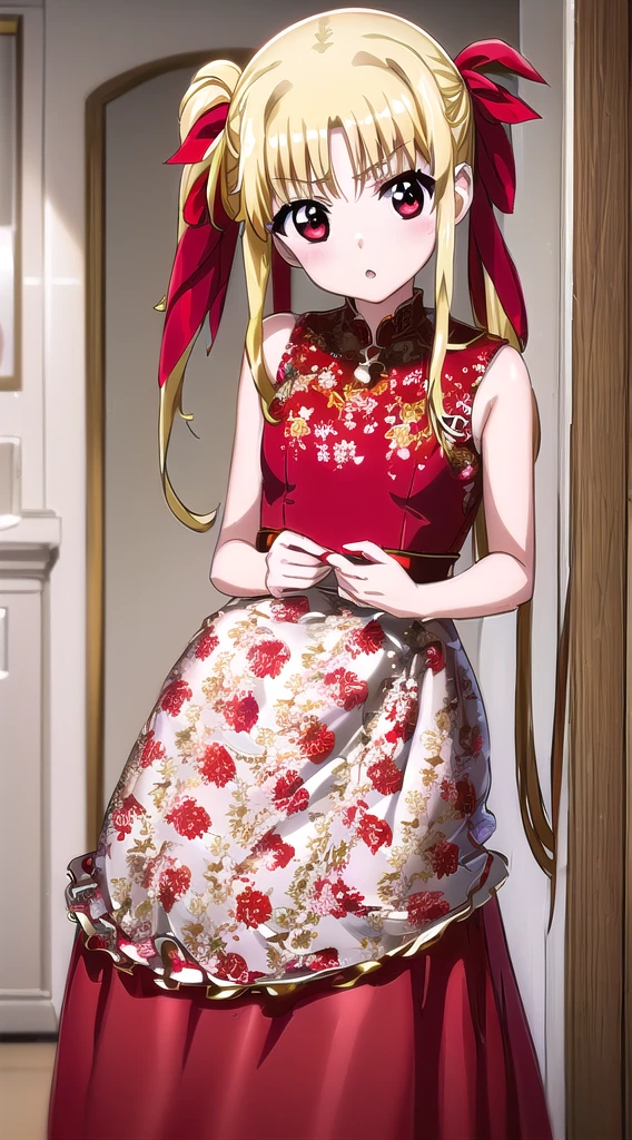 1girl, fate testarossa, long hair, blonde hair, (red eyes:1.5), twintails, red hair ribbon, A person with blonde hair styled in a low bun adorned with a decorative gold accessory is shown with eyes closed. They have dramatic makeup including bold eyebrows, winged eyeliner, glittering eyeshadow, and bright red lipstick. The individual is wearing a light pink robe that is tied at the waist with a matching belt. In the background, a shelf witha woman standing in front of a mirror wearing a red and white floral print dress, red floral dress, wearing red formal attire, extravagant dress, elegant red dress, celestial red flowers vibe, wearing an evening gown, sexy gown, stunning elegant, she arrived in a red dress, full dress, wearing a red dress, elegence, wearing red dress, wearing pink floral gown, wearing red, wearing a magnificent dress, elegent, in a red dress, girl wears a red dress, red dressa woman standing in front of a mirror wearing a red and white floral print dress, red floral dress, wearing red formal attire, extravagant dress, elegant red dress, celestial red flowers vibe, wearing an evening gown, sexy gown, stunning elegant, she arrived in a red dress, full dress, wearing a red dress, elegence, wearing red dress, wearing pink floral gown, wearing red, wearing a magnificent dress, elegent, in a red dress, girl wears a red dress, red drea woman standing in front of a mirror wearing a red and white floral print dress, red floral dress, wearing red formal attire, extravagant dress, elegant red dress, celestial red flowers vibe, wearing an evening gown, sexy gown, stunning elegant, she arrived in a red dress, full dress, wearing a red dress, elegence, wearing red dress, wearing pink floral gown, wearing red, wearing a magnificent dress, elegent, in a red dress, girl wears a red dress, anime 4k, hd, detailed, perfect anatomy, perfect hands, perfect face, (masterpiece), best quality, expressive eyes, perfect face, (masterpiece, high quality, best quality:1.3)