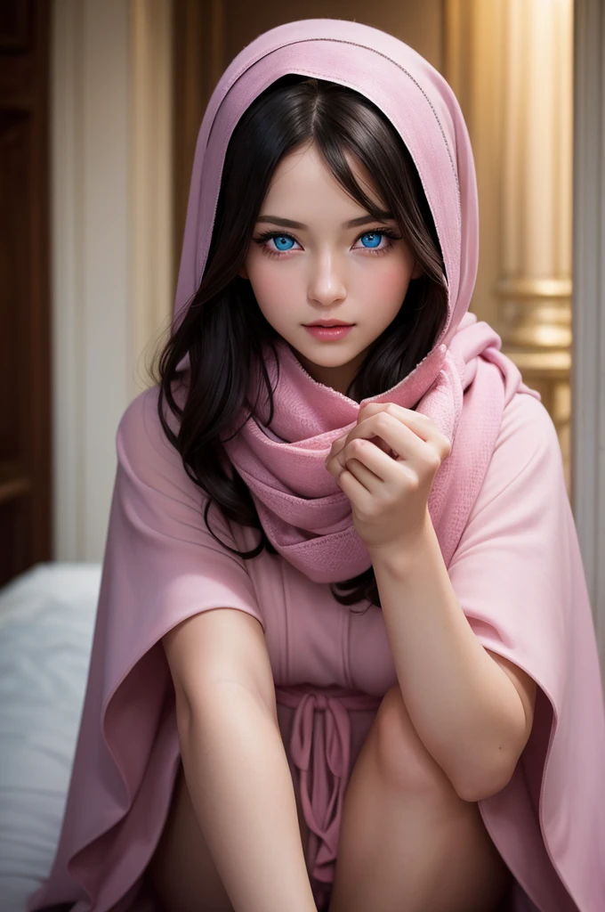 top quality picture, perfect portrait, the image of the Virgin Mary, detail, daughter, gorgeous blue eyes, beautiful face, dark hair, head covered with a scarf, pink lips, 人物, perfect lighting, looking at the camera, posing for the camera, ((full picture )), embarrased, level eyes, beautiful hands, nice legs
