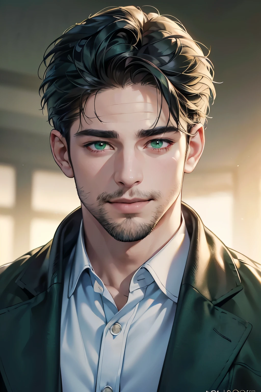 a handsome 35 year old man, 3 day beard, dark hair, sharp jawline, (mesmerizing green eyes), perfectly styled hair, wearing cool anime outfitt, dynamic lighting, (CEO), (expression, smile in love), (best quality,4k,8k,highres,masterpiece:1.2),ultra-detailed,(realistic,photorealistic,photo-realistic:1.37)