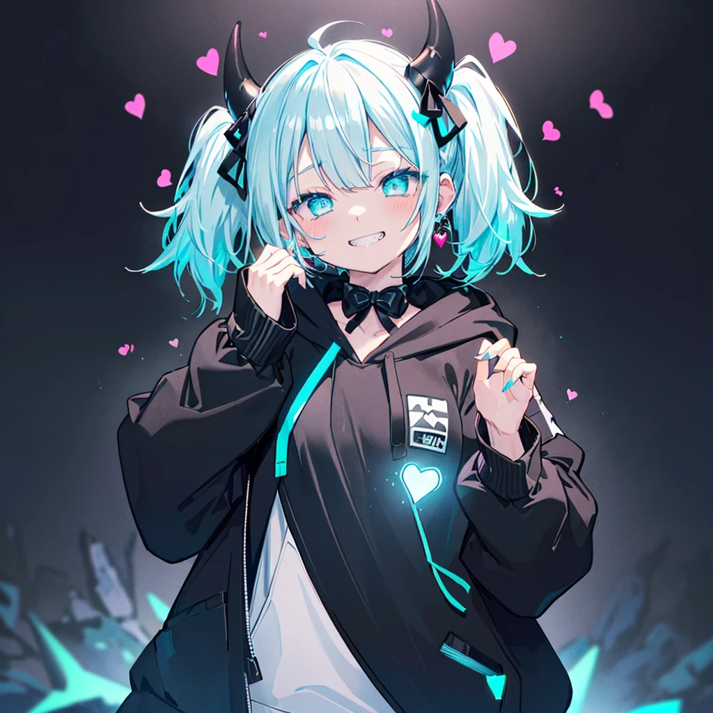 ((((jagged、Open your mouth、Grin background、shining heart Making a Heart front)))) (((Black hoodie、Wearing a hood Devil horns Twin tails、Neon Blue Neon Blueの目))) ((Shiny Earrings Small black ribbon)) Shining Edges 輝くbackground