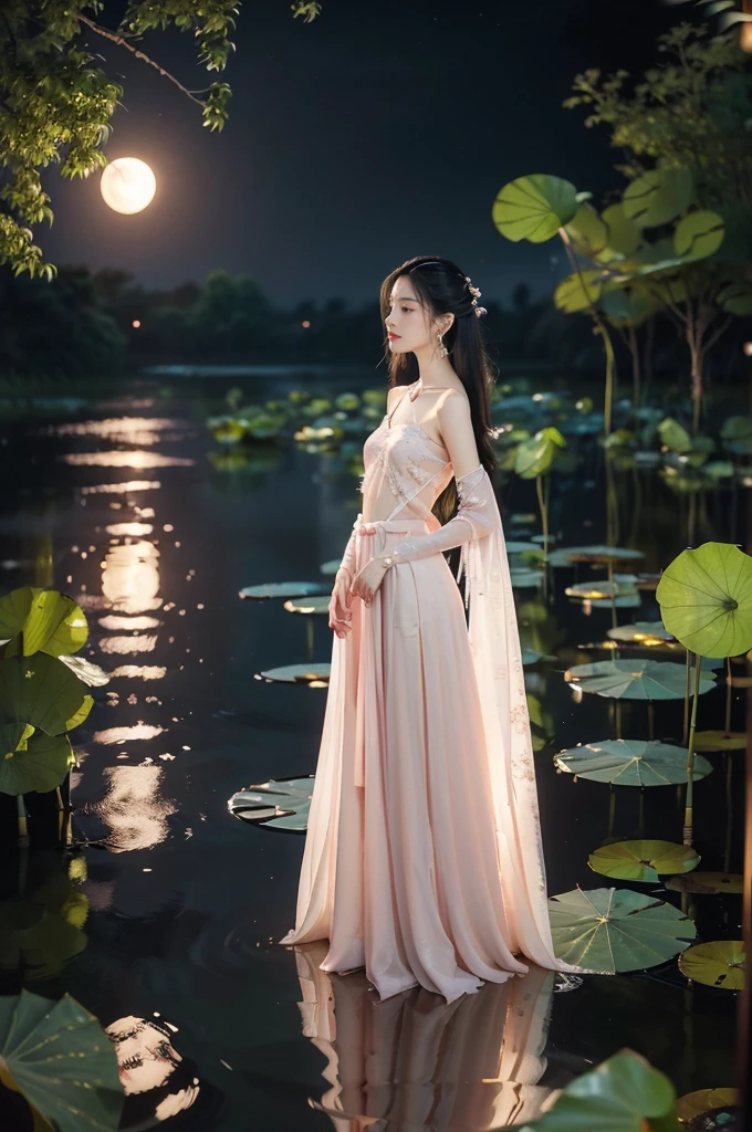 (((best quality))),(((ultra detailed))),(((masterpiece))),illustration,((1 beautiful young  girl,solo)),((slim,thin)),(shoulder length straight hair:1.2),((earrings,necklace)),((small breasts,flat chest)),(see through traditional pink sheer Hanfu dress:1.3),(slender legs:1.2),(beside the lotus pond full of lotus flowers:1.3), serene moonlight, ethereal,floral pattern, water movement, billowing fabric, tranquil, moon reflection, petals, fireflies, magical, light,warm light, dreams, invitation, (standing:1.3),(arms behind back:1.3),gazing, reflection, inner thoughts, emotional, sweet scent, natural beauty, solitude, hypnotic lull, eternal summer,(night scene:1.3), natural world, human spirit, celebration, backdrop, water, glow,((from front,full body))