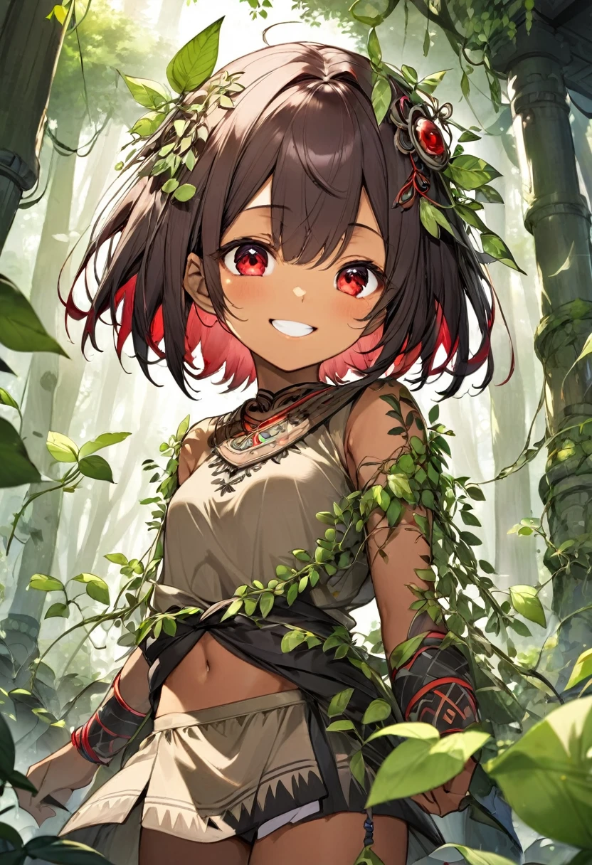 、Brown skin、Wild 、、Wears clothes made from plant leaves、High exposure、Located in the Dense Forest Temple、Controlling the vines、Indian、Tribal daughter、An innocent smile、short hair、Red Eyes、Bad guy