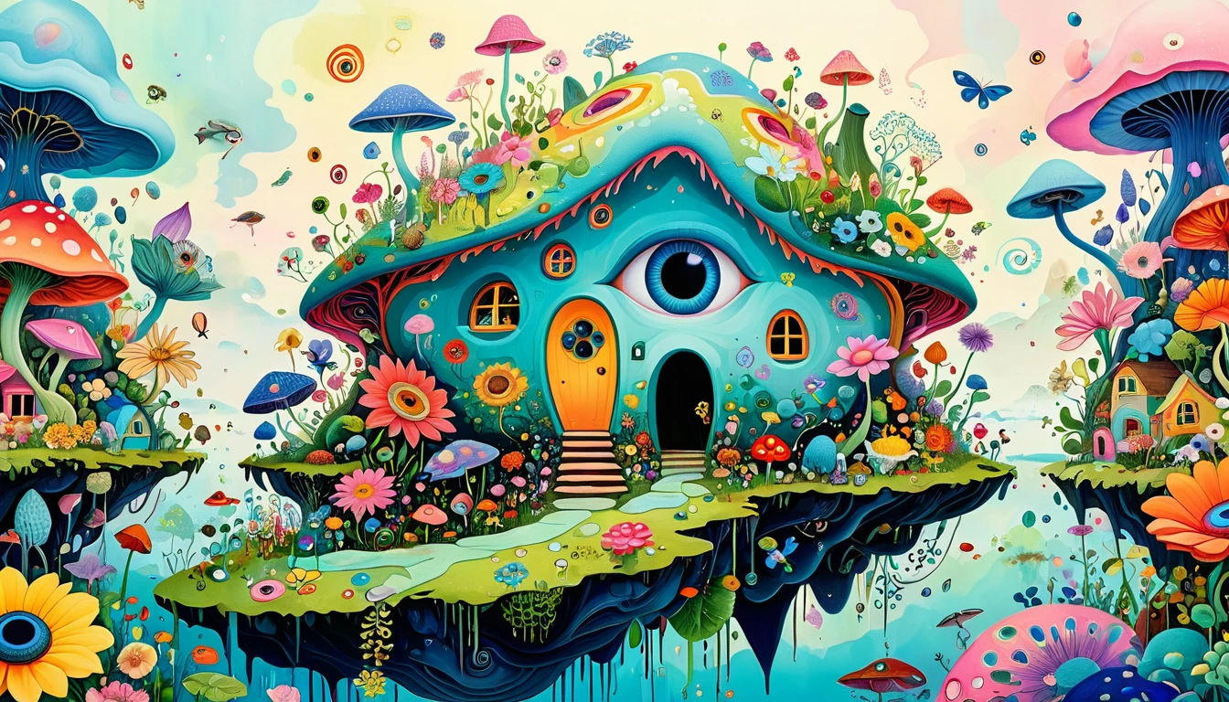 A striking visual fusion of various elements,Broto,microorganism、Sole、Flower shaped house、eye、Wildlife Life,Sew Abstract Art,Autistic people々Depicting the inner world of,Spatial Sense,blank,interesting,Innocence,Psychedelic Art,Elegant and soft color scheme