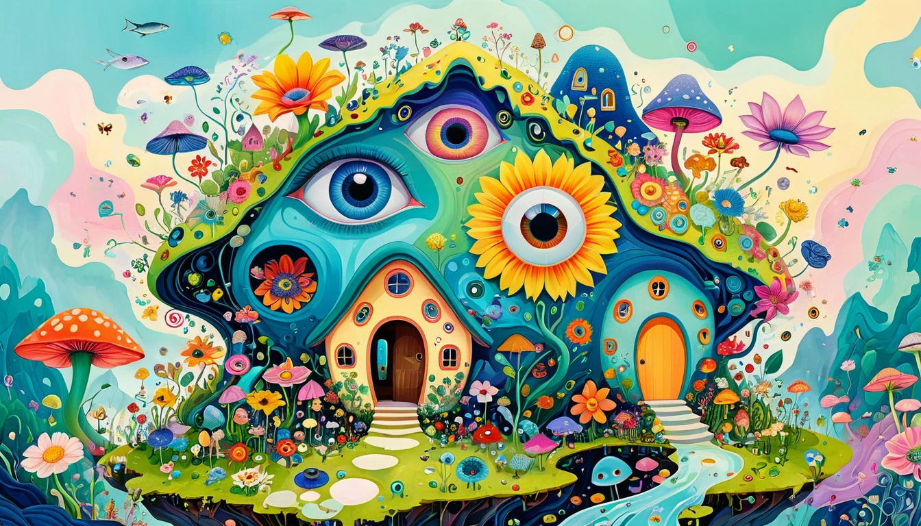 A striking visual fusion of various elements，Broto，microorganism、Sole、Flower shaped house、eye、Wildlife Life，Sew Abstract Art，Autistic people々Depicting the inner world of，Spatial Sense，blank，interesting，Innocence，Psychedelic Art，Elegant and soft color scheme