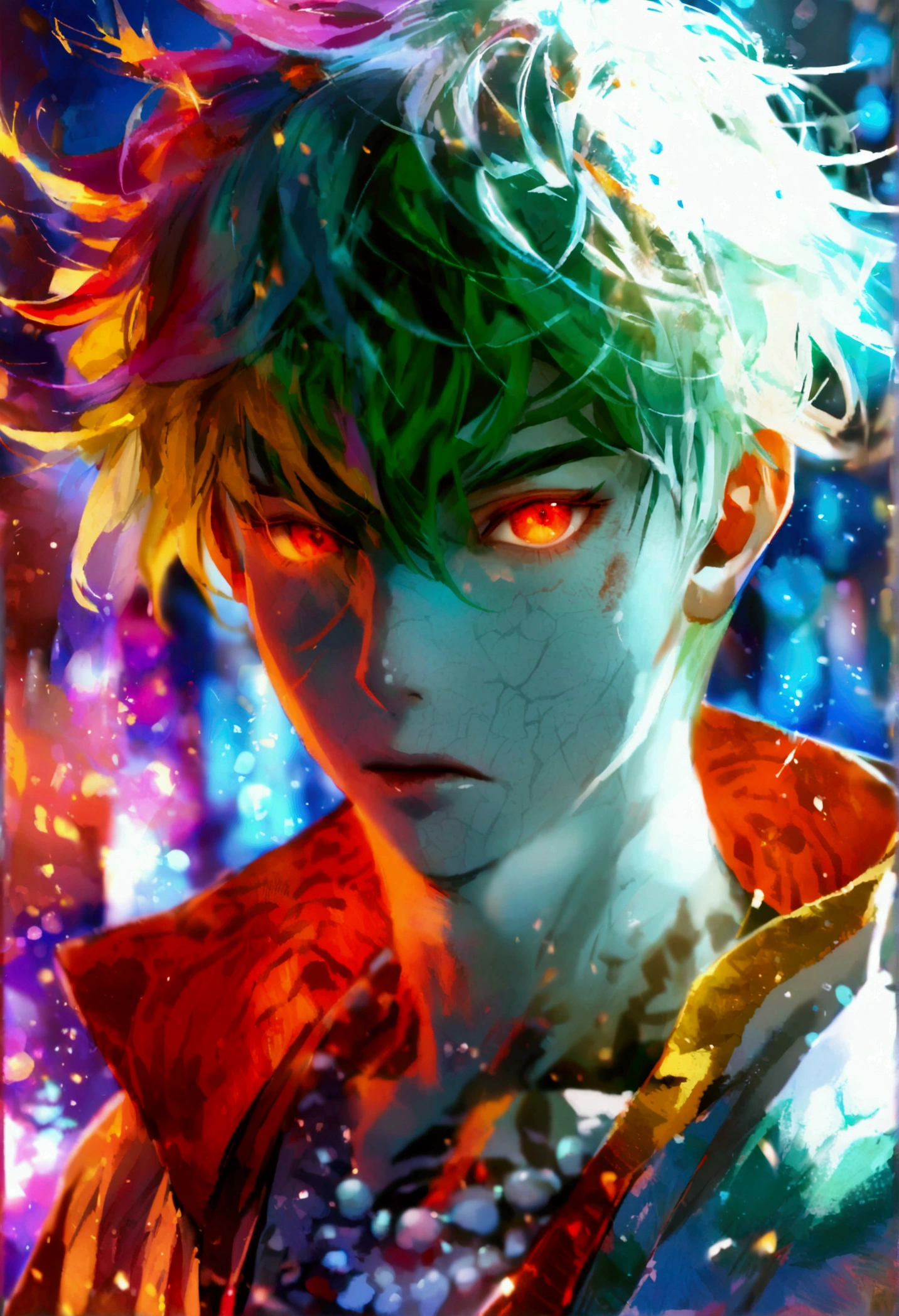 White red blue purple haired boy with Orange yellow and red eyes, white Green Cyan coloured kimono with white skin