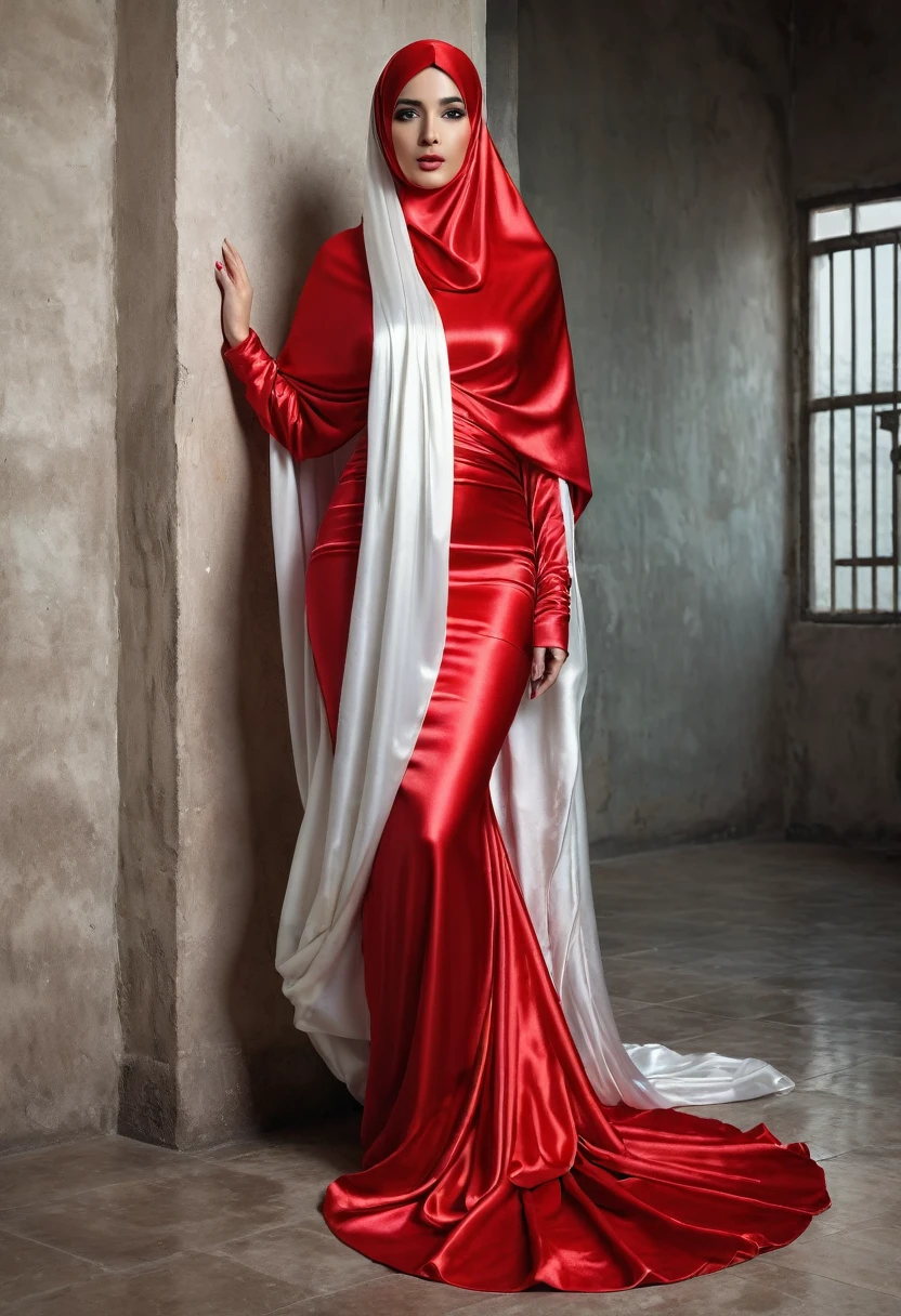 a sexy a woman covered in large red satin cloth, tied tightly with the satin cloth, mummified, the satin hanging down very long, a mermaid style dress, wearing a satin hijab, the satin cloth is very long, forming the curve of the body, dramatic long satin train, full body pose, masterpice, 4k resolution, ultra-realistic, highly detail.
