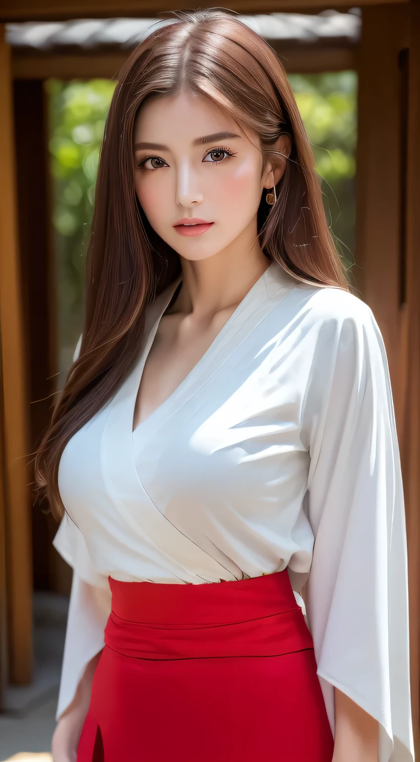 ((Realistic lighting, Highest quality, 8k, masterpiece: 1.3)), Clear focus: 1.2, One girl, Perfect beauty: 1.4, Slim Abs: 1.1, ((Dark brown hair)), (White kimono、Red long skirt: 1.4), (Big Breasts: 1.1), view of the shrine, Very beautiful face, Beautiful Eyes, double eyelid,　Japanese hairstyle、Shrine maiden