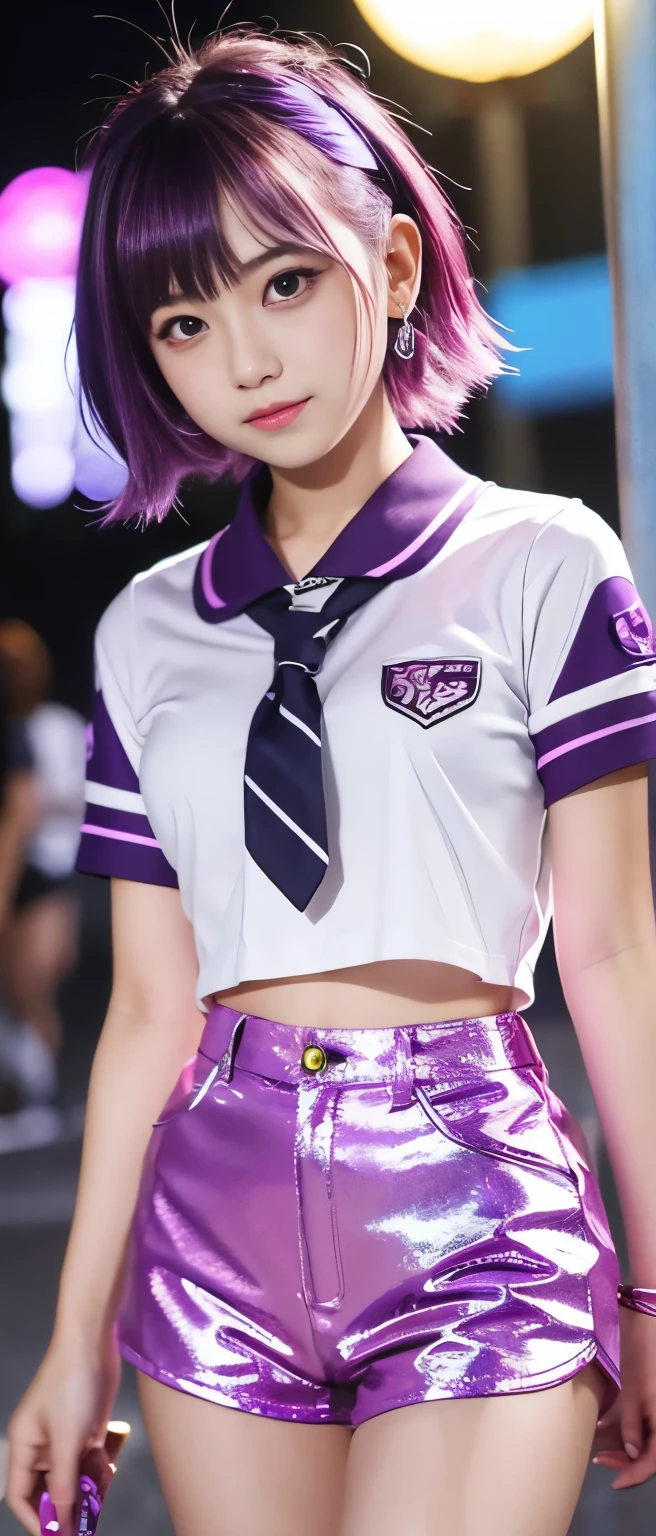 Cute and cool punk idol girl、whole body、Good style、、、、、、、、、、Thick legs、、Shiny pink purple and gold shorts uniform、Neat and clean idol face、summer night（Glowing）、