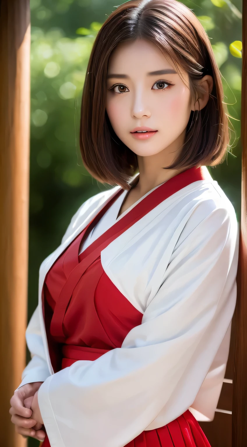 ((Realistic lighting, Highest quality, 8k, masterpiece: 1.3)), Clear focus: 1.2, One girl, Perfect beauty: 1.4, Slim Abs: 1.1, ((Dark brown hair)), (White kimono、Red long skirt: 1.4), (Big Breasts: 1.1), view of the shrine, Very beautiful face, Beautiful Eyes, double eyelid,　Japanese hairstyle、Shrine maiden、Pray with hands together in front of your chest、Looking straight at me