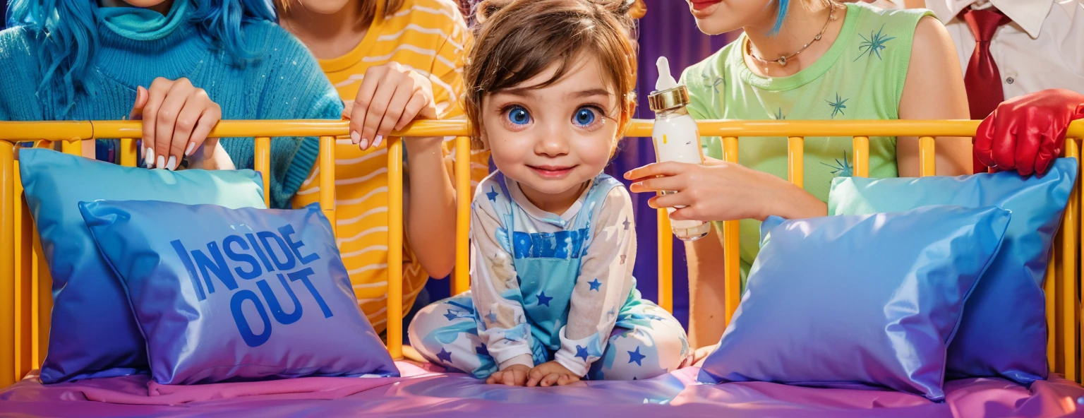 This image vibrantly captures a playful scene featuring Riley Andersen from "Inside Out," surrounded by characters styled as animated emotions from the movie. The blue-haired girl on the left symbolizes creativity and intelligence with her glasses and a radiant smile. Beside her, the girl with orange hair and a spirited expression represents enthusiasm and energy. At the center, toddler Riley, with her big blue eyes and starry pajamas, embodies innocence and is the focal point of the emotional journey depicted in "Inside Out." To her right, the girl with blue hair in a green dress could represent a quirky, imaginative aspect, while the young man in a white shirt and red gloves adds a touch of strength and leadership. They are all gathered around a crib, exuding warmth and a sense of camaraderie, perhaps symbolizing a supportive family or a collective of guiding emotions, each playing a role in nurturing Riley's growth and experiences. The "Inside Out" pillow and Riley's outfit further tie into the theme of exploring internal emotions and their impact on the outer world. vibrant contrast to his attire and accessories.аffects render, (glossy plastic texture with multiple big light probe refractions), perfect cgi, smooth silhouette, high intensity refraction, (super glossy plastic material), most beautiful vfx, , realistic, 4k, high resolution, rim light, smooth 3d model, multiple light sources, rim light, sharp post effects render,, realistic, 4k, high resolution, rim light detailed digital art, reflective, best quality, 4k, masterpiece:1.2, ultra-detailed, realistic, vivid colors, The image of the highest quality, ensuring every detail showcased perfectly. It in 4k resolution, allowing viewers to immerse themselves in the richness of the colors and intricate details. The realistic rendering. under the spotlight, reflecting, high-resolution image, realistic rendering