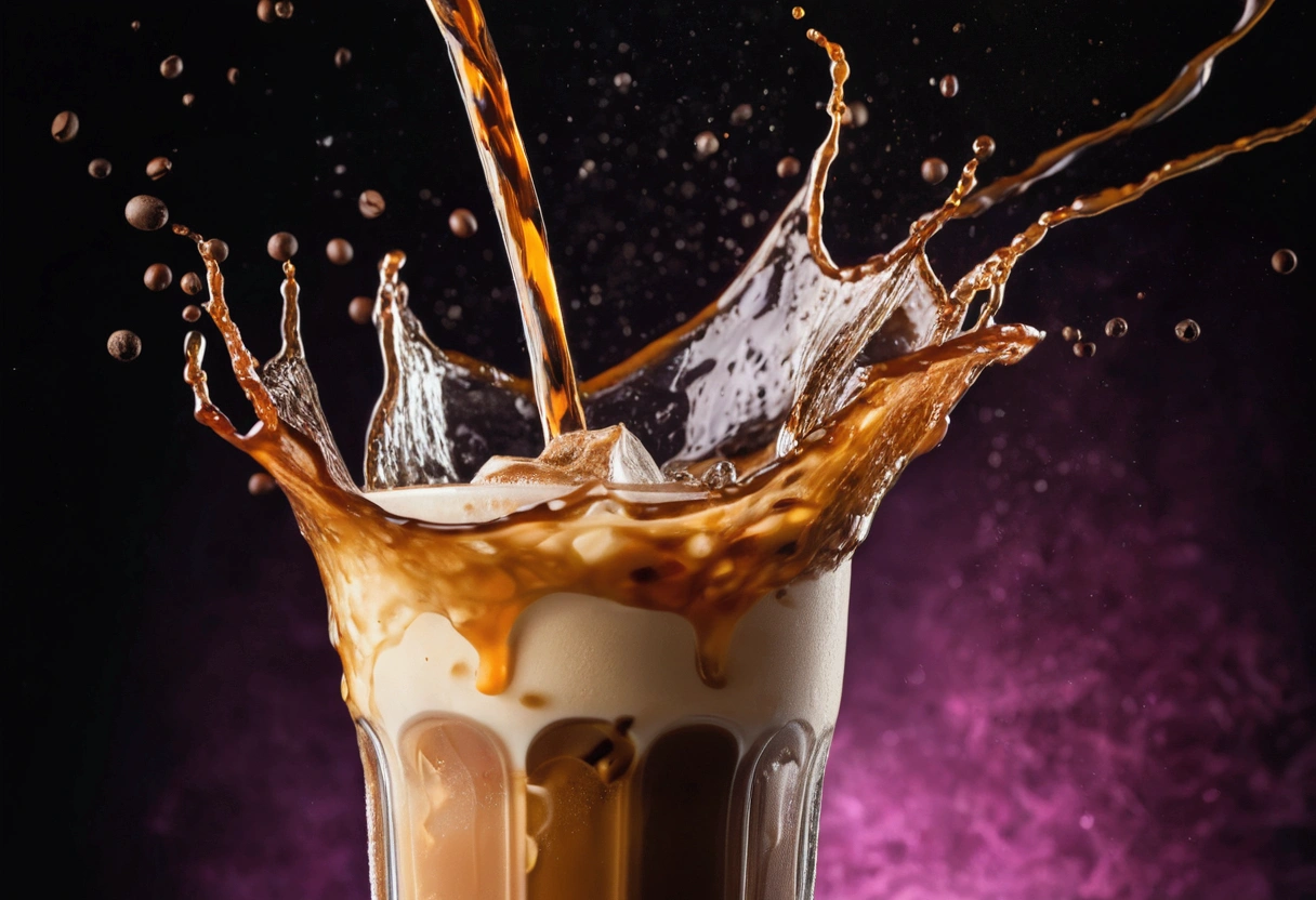 a picture of ice coffee, coffee splashing in the elegant luxury color background like in a commercial, everything in focus
