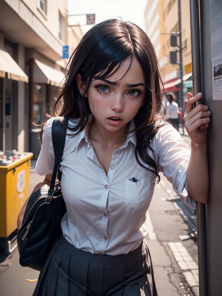 (((real Photography))),, painting, (Scared face:1.3),, beautiful girl, Looking at the viewer, , (school uniform:1.2), Buttoned shirt and trousers, , (Bankrupt split:1),, In Japan Street, (Environment Details:1.3),, (Raw image, CG unit, Photography, ultra real details, Intense focus, Detailed skin,4K, High accuracy, Masterpiece, Best quality, real, vibrant:1.2),, (8 k,4K, Ultra clear, High accuracy, professional, cinematographic, film, dramatic),, (Anamorphic depth of field blur background), Detailed background,