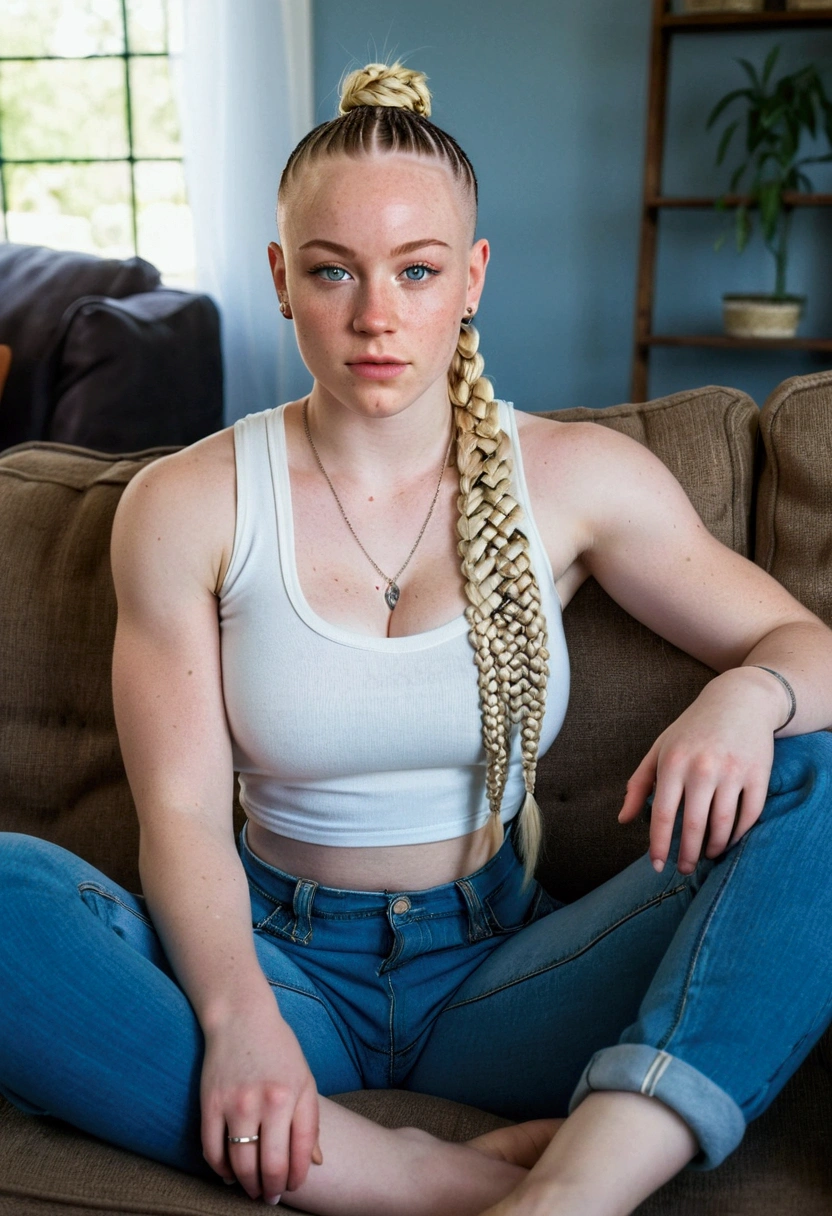 Muscular college girl with large breast and a large butt, blue eyes, pale skin, freckles and a nose piercing with cornrow braids and both sides of her head shaved sitting on a couch with her legs spread wearing baggy jeans and a white tank top