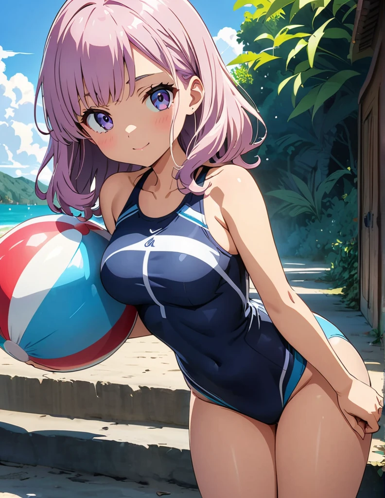 (anime artwork, anime style, studio anime, very detailed, up to date, vibrant, Anime Coloring, high contrast, masterpiece:1.2, best quality, best aesthetics),2 girl,hug from behind,swim suits, Medium chest, A glimpse of thighs,random hair, One eye is hidden by the bangs, perfect proportions, high detail skin, Cute, detailed faces,beach, precise fingers,curvy,swim suits crowd,beach ball