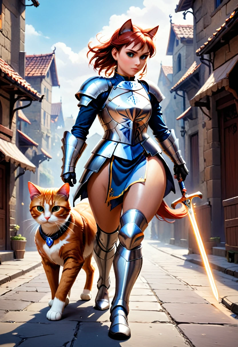 arafed a picture ((giant cat: 1.3)) walking near a knight in  fantasy street, an ((cat big as a horse)), the cat is wearing armor ready for battle, dynamic color cat BREAK a human knight, full body, ((anatomically correct: 1.5)  walking near him, female knight, red hair, long hair, hair in a pony tail, wearing knight's armor, decorated armor,  high heeled boots,  Hyperrealism style, vibrant, Ultra-high resolution, High Contrast, (masterpiece:1.5), highest quality, Best aesthetics), best details, best quality, highres, ultra wide angle, 16k, [ultra detailed], masterpiece, best quality, (extremely detailed) RAW, ArmoredDress