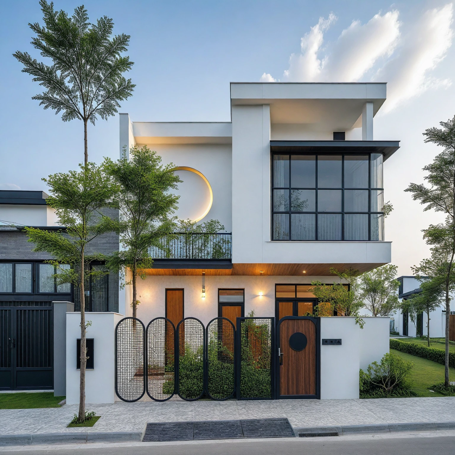 Masterpiece, high quality, best quality, authentic, super detailed, outdoor, aiaigroup, modern 2-storey townhouse style, stairs, white walls combined with conwood, wind encaustic tiles, iron gate, ceiling conwood, flowers, path, summer evening, grass, trees, sky, clouds, (daylight: 1.1)