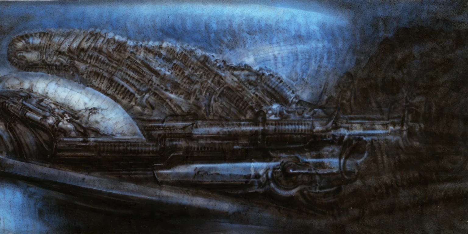 xgiger, The image is a detailed view of H.R. Giger's biomechanical tableau \" LANDSCAPE No 312 \" plate, featuring
a complex, intricate, and detailed design of endless Machine in the transit space over the cascade of fallen water, that appears to be a fusion of organic and mechanical elements, with a focus on the interplay between the two.The piece is a tableau, most likely created with a India ink pen or pencil on paper, determined by the thin lines, shading techniques, and the texture of the paper, which is visible around the edges.
Used is pen, given the shading and variations in line weight visible in the image. Artist have used a variety of stylus with different degrees of hardness to achieve the shading effects.
The use of undersaturated green-grays dark contrasts creates a stark and graphic look. Is used a variety of linework techniques to create different textures. Fine, parallel lines create a smooth, metallic texture,while thicker, more cursive lines suggest cables or wires.
Light source from the top highlights skeletals, pper part of foreground, lower part of image is in shadowupper part of foreground, lower part of image is in shadow.
The art performance showcases the artist’s skills in observation and rendering. The level of detail in the piece suggests a close study of real bone specimens and mechanics. The artist has skillfully used shading techniques to create a convincing illusion of three-dimensionality on a flat surface. The wrinkles and cracks in the surface, and the cast shadows with accuracy, used shading techniques to create a realistic depiction of light and shadow on the objects. This creates a sense of depth and dimension in the image. The artist has used careful linework to depict the contours and textures in the piece
Sharp focus on foreground elements illustration. Deep and delicate DOF. Big painting. Stored in Louvre masterpiece, ooze soaked pajama top