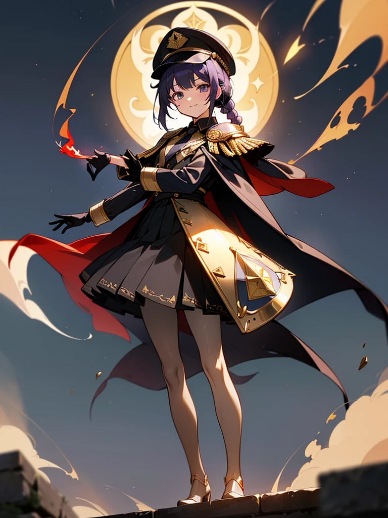 realisitic, City Deserted, Pile of rubble, Brick building, a one woman (18 years old, far away blackw hair, far away slits, Eyes red, glare eyes, 精致的面容, standing (In floor, feet shoulder-width apart), ta style military uniform (blackw base, Red Insert, golden decoration, volantes, wide sleeves, dainty and delicate detailing armors), blackw far away gloves (blackw, Red Insert, golden decoration, small hands, armors), blackw far away gloves, knee high boots (blackw, high-heels, red soles), ha (blackw, aba dourada, shield emblem, delicate details), arms in front, Front of belly, Holding military swords with both hands (blackw, golden decoration, delicate detail, Handle at the top, Ground-facing blade, in front of the body, far away), night sky (blackw, stele, Increased flames and smoke) Pale painting style, One Girl, super high quality, Super Detail, Super Detailed image, long hair, looking at viewer, skirt, shirt, hair ornament, violet eyes, gloves, round glasses, long sleeves, hat, closed mouth, jacket, violet hair, braid, open clothes, necktie, black gloves, black skirt, uniform, single braid, open jacket, black jacket, black headwear, 手链, peaked cap, black necktie, cropped jacket, military hat, pantyhose, Flat Chest, smile, Black Cape