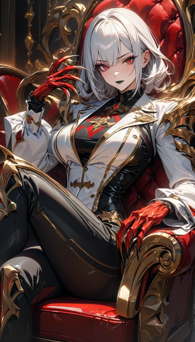 Adult woman, short white hair with black parts, red eyes, red eyeshadow, black lipstick, white aristocrat jacket, black tight pants, muscles, claws, golden elements, red elements, sitting on armchair, Masterpiece, best quality, Full HD, 8k, ultra details, great graphic