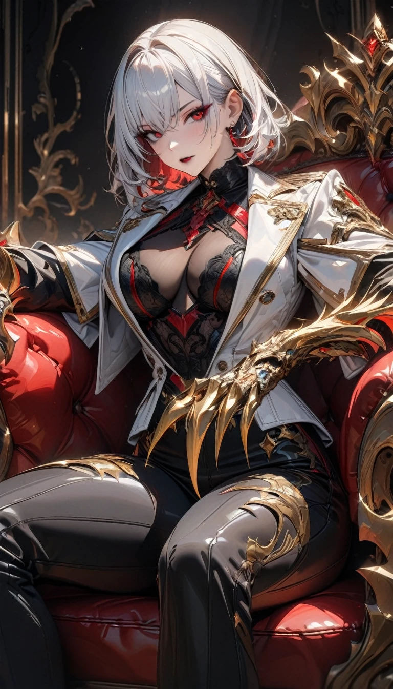 Adult woman, short white hair with black parts, red eyes, red eyeshadow, black lipstick, white aristocrat jacket, black tight pants, muscles, claws, golden elements, red elements, sitting on armchair, Masterpiece, best quality, Full HD, 8k, ultra details, great graphic