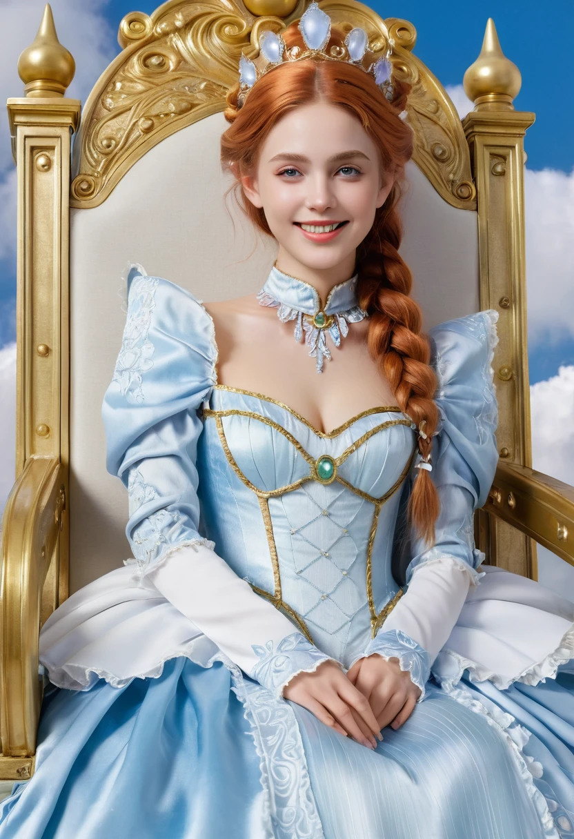 Beautiful woman, (Fairy Queen:1.4) Sitting on the throne,(Catmaid costume:1.8) , Perfect face, whole body, Victorian Era, Noble clothing, Complex decoration, spell, explain, Smile, Put your hands behind your back, Soft edge light, Beautiful and detailed sky, masterpiece, Ultra-high resolution, high quality, 4K, (photorealistic:1.2), photo,