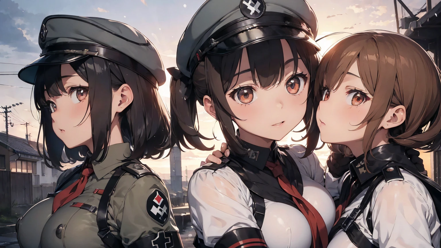 Gestapo uniform, female lesbian kawaii sisters kissing passionately with Heinkel He 111 airplane. wearing Luftwaffe pilot uniforms. 8k. masterpiece. best quality. best artwork. lingerie. Swastika insignia red armband. busty bare breasts. nipples. sunset. snowing