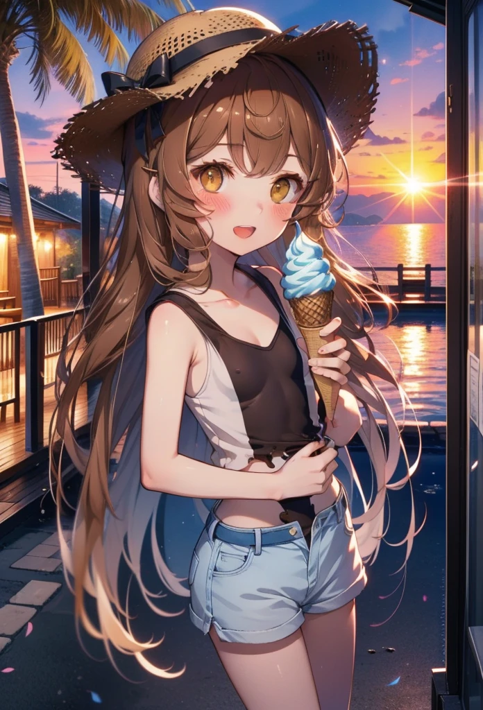 Lililukarde, Liliruka gets burned, , (Brown eyes:1.7), Brown Hair, (Flat Chest:1.2), smile,blush,Open your mouth,Straw hat,short hair,Brown tank top,Shorts,Holding ice cream in both hands,Heeled Sandals,Walking,sunset,evening,The sun is setting,whole bodyがイラストに入るように,
break looking at viewer,whole body, 
break outdoors, Building district,Palm tree,Tropical,
break (masterpiece:1.2), Highest quality, High resolution, unity 8k wallpaper, (figure:0.8), (Beautiful attention to detail:1.6), Highly detailed face, Perfect lighting, Highly detailed CG, (Perfect hands, Perfect Anatomy),