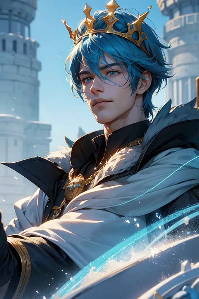 handsome 25 year old King with shaggy blue hair wearing a crown, castle background, hd, 3d, anime, unreal engine, digital art, smirking