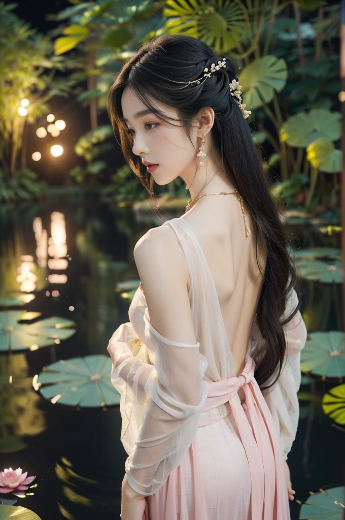 (((best quality))),(((ultra detailed))),(((masterpiece))),illustration,((1 beautiful young  girl,solo)),((slim,thin)),(shoulder length straight hair:1.2),((earrings,necklace)),((bare back,towering hips,butt crack)),(see through traditional pink sheer Hanfu dress:1.3),(beside the lotus pond full of lotus flowers:1.3), serene moonlight, ethereal,floral pattern, water movement, billowing fabric, tranquil, moon reflection, petals, fireflies, magical, light,warm light, dreams, invitation, standing, gazing, reflection, inner thoughts, emotional, sweet scent, natural beauty, solitude, hypnotic lull, eternal summer, (night scene:1.3), natural world, human spirit, celebration, backdrop, water, glow,((from back)),(close-up of upper body:1.3)