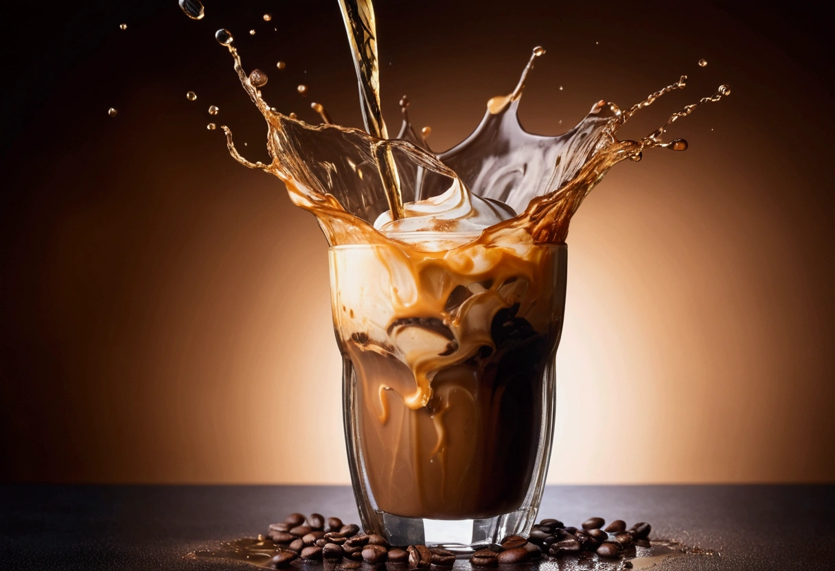 a picture of ice coffee, coffee splashing in the elegant luxury color background like in a commercial, everything in focus