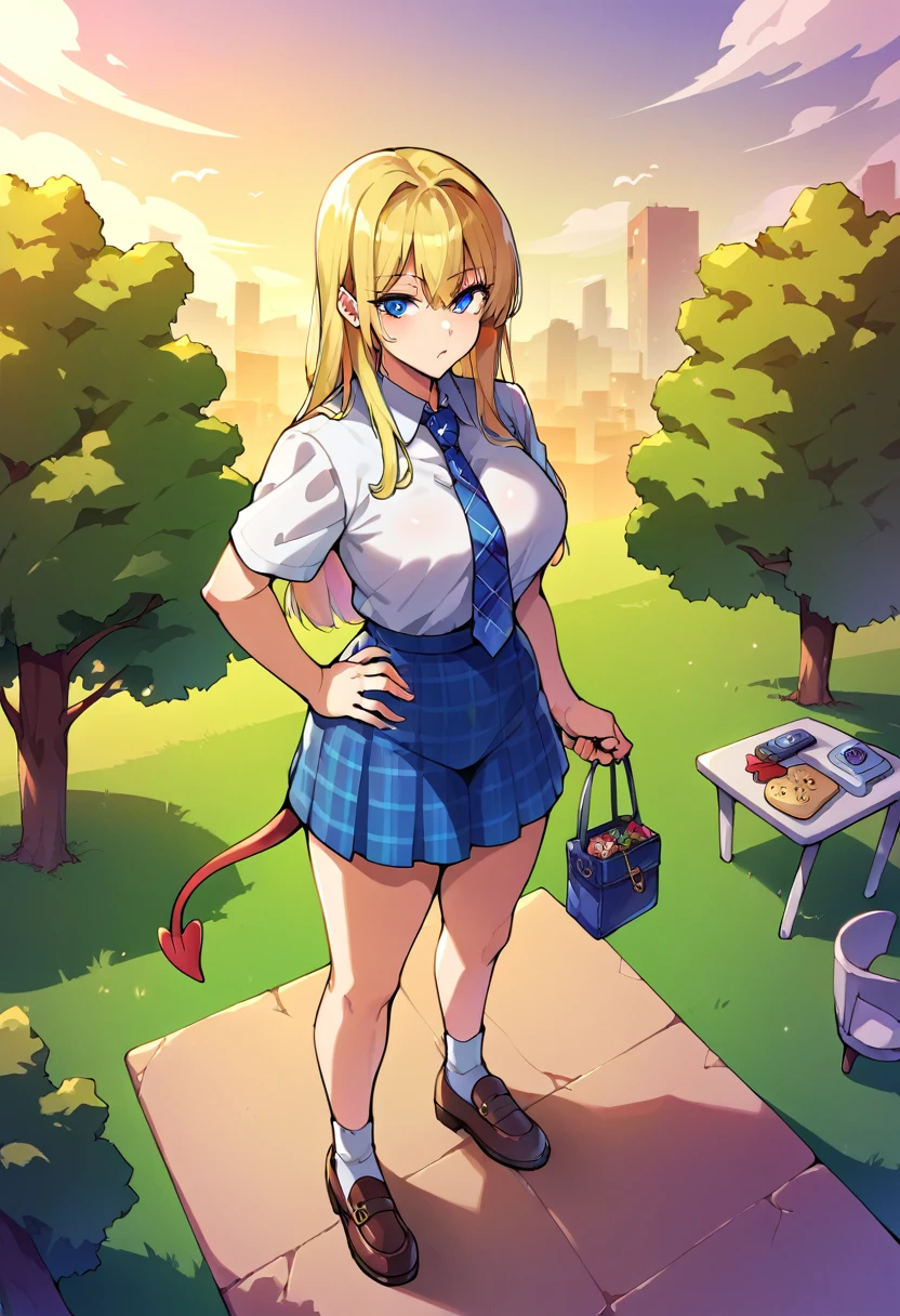 punctuation_9,punctuation_8_High above,punctuation_7_High above,punctuation_6_High above, Hiromitsu Takeda, Estilo,1 girl, breastsout, overskirt, thicc thighs, standing alone, blue colored eyes, necktie, , long hair, hair blue, hypdertailed, huge breastsout, chemise, tented chemise, plaid, plein-air, plaid overskirt, ssmile, hand on hip, looking ahead at viewer, blue overskirt, side locks, high hypdertailed, thicc thighs, sky, tree,