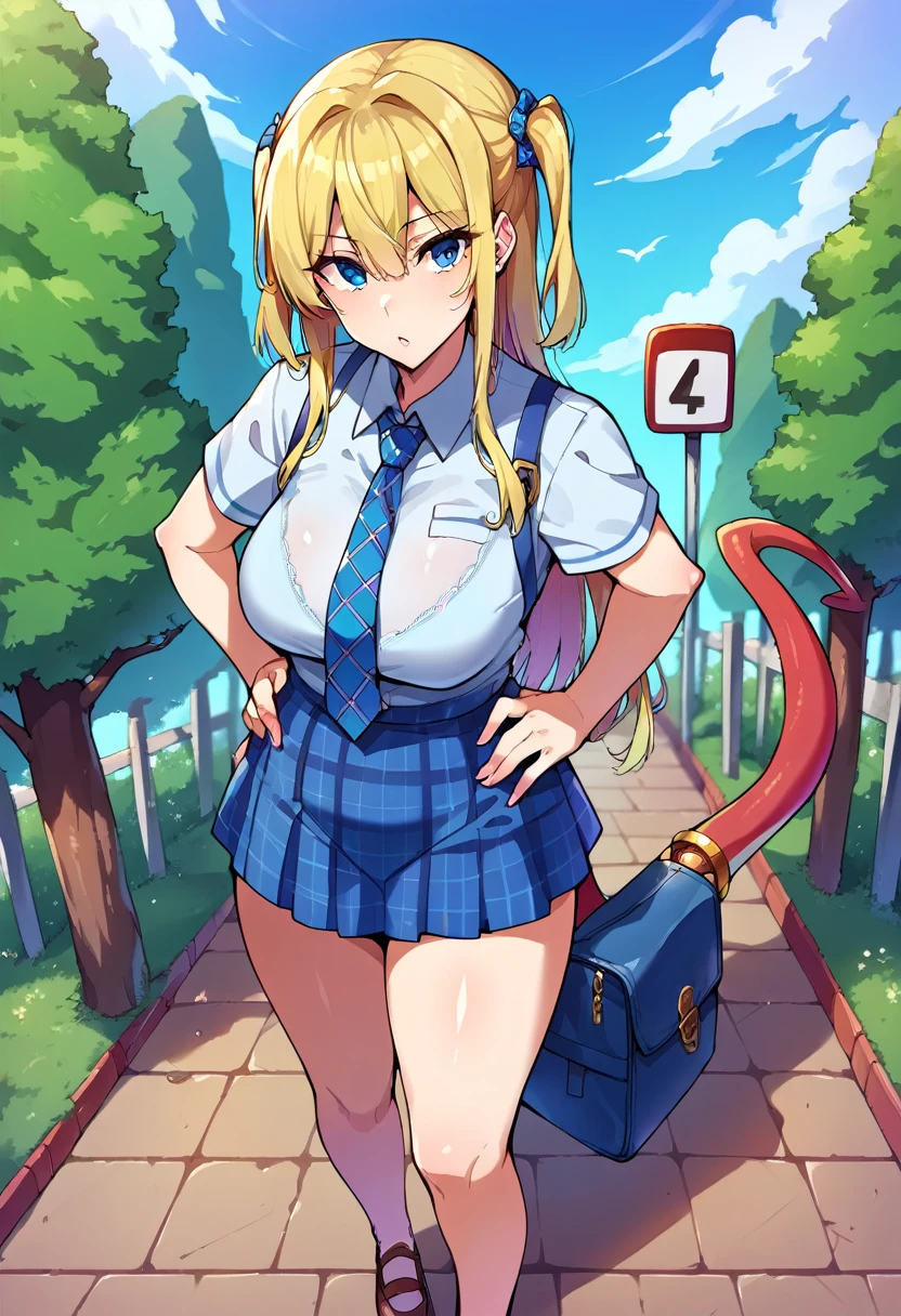 punctuation_9,punctuation_8_High above,punctuation_7_High above,punctuation_6_High above, Hiromitsu Takeda, Estilo,1 girl, breastsout, overskirt, thicc thighs, standing alone, blue colored eyes, necktie, , long hair, hair blue, hypdertailed, huge breastsout, chemise, tented chemise, plaid, plein-air, plaid overskirt, ssmile, hand on hip, looking ahead at viewer, blue overskirt, side locks, high hypdertailed, thicc thighs, sky, tree,