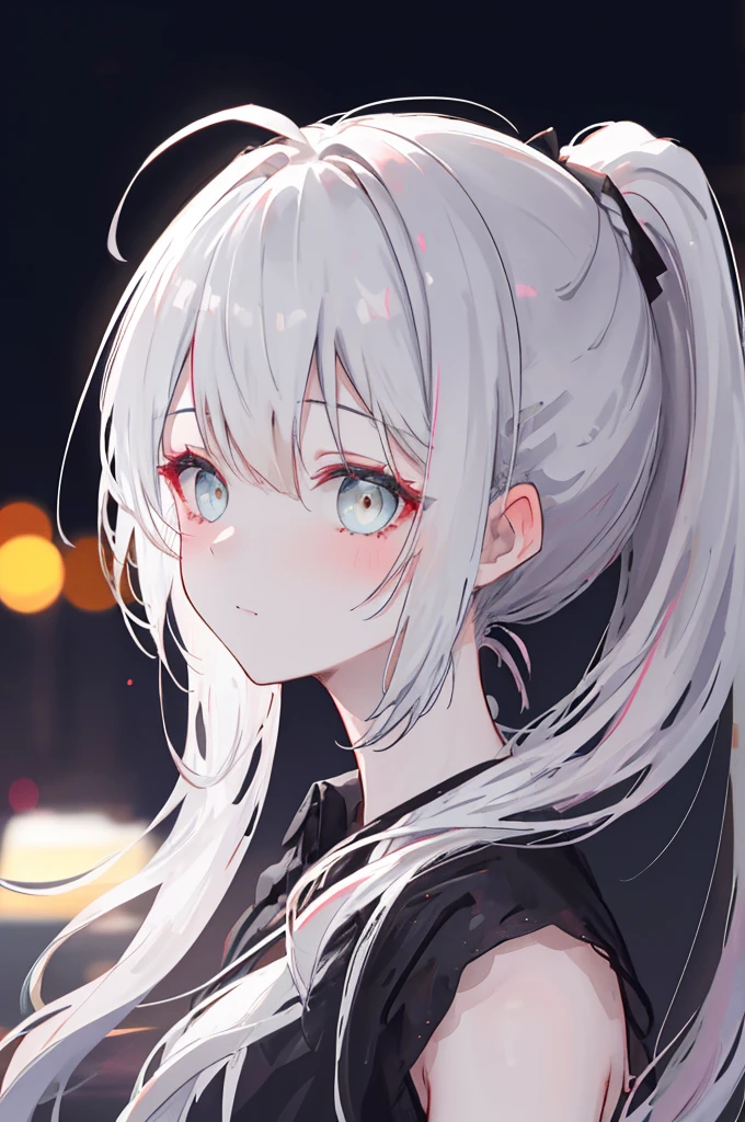 Tender skin,White long hair,Single ponytail on the side,,Side bangs,fine,4k HD,Abstinence,Thin Black,Night,Neon blur,Half face