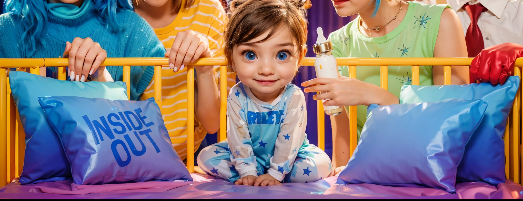 This image vibrantly captures a playful scene featuring Riley Andersen from "Inside Out," surrounded by characters styled as animated emotions from the movie. The blue-haired girl on the left symbolizes creativity and intelligence with her glasses and a radiant smile. Beside her, the girl with orange hair and a spirited expression represents enthusiasm and energy. At the center, toddler Riley, with her big blue eyes and starry pajamas, embodies innocence and is the focal point of the emotional journey depicted in "Inside Out." To her right, the girl with blue hair in a green dress could represent a quirky, imaginative aspect, while the young man in a white shirt and red gloves adds a touch of strength and leadership. They are all gathered around a crib, exuding warmth and a sense of camaraderie, perhaps symbolizing a supportive family or a collective of guiding emotions, each playing a role in nurturing Riley's growth and experiences. The "Inside Out" pillow and Riley's outfit further tie into the theme of exploring internal emotions and their impact on the outer world. vibrant contrast to his attire and accessories.аffects render, (glossy plastic texture with multiple big light probe refractions), perfect cgi, smooth silhouette, high intensity refraction, (super glossy plastic material), most beautiful vfx, , realistic, 4k, high resolution, rim light, smooth 3d model, multiple light sources, rim light, sharp post effects render,, realistic, 4k, high resolution, rim light detailed digital art, reflective, best quality, 4k, masterpiece:1.2, ultra-detailed, realistic, vivid colors, The image of the highest quality, ensuring every detail showcased perfectly. It in 4k resolution, allowing viewers to immerse themselves in the richness of the colors and intricate details. The realistic rendering. under the spotlight, reflecting, high-resolution image, realistic rendering