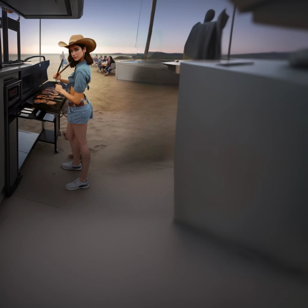 (((8k resolution, HDR, HYPERREALISTIC, highest quality,  masterpiece:1.3))), a woman is cooking with v-string bikini, behind the back view,