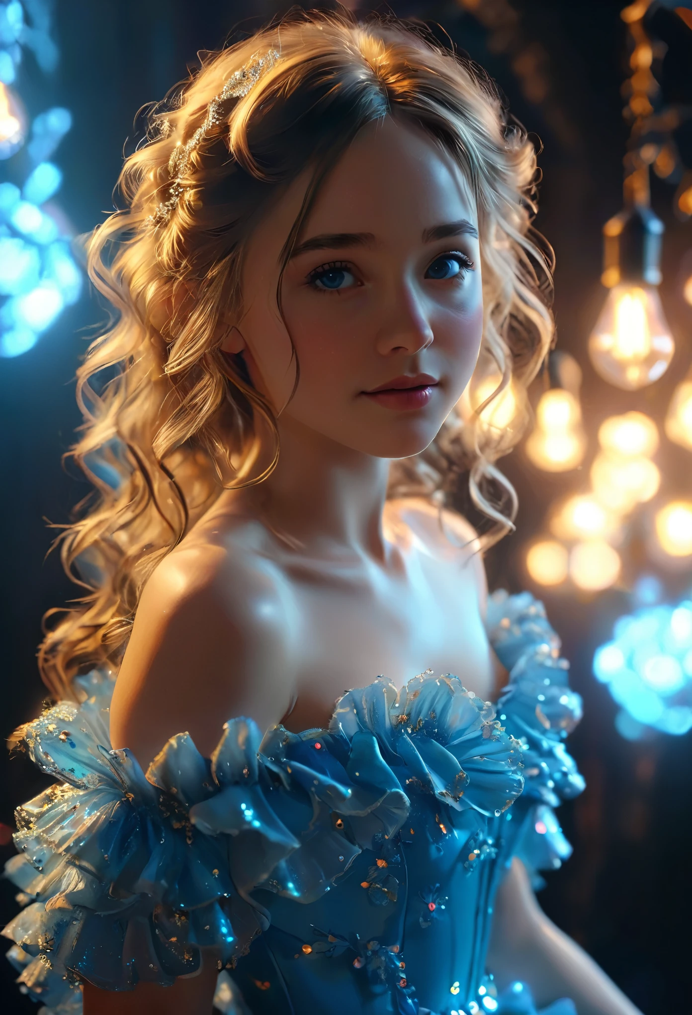 highly detailed, 8k, masterpiece, One girl, Blue frills_hair_tube, dress, bend_that's all , Grin, (perfection_face), Sitting, machine, Brilliant, Complex, Dramatic lighting, 4K, detailed_background, Caustics, full_body, (Surreal:1.3), bloom,(Beautiful lighting:1.3), Caustics, Dynamic Lighting, Beautiful lighting, (Dakota Fanning:0.5) 