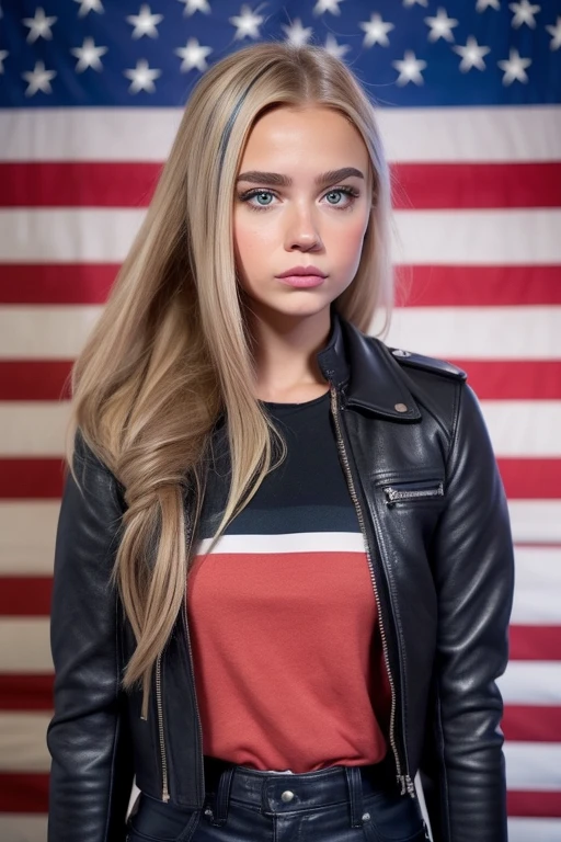 Teenage daughter of Donald Trump and Joe Biden.. Looks like a carbon copy of both her fathers.. wear a leather jacket with an American flag. 50/50 comical mixes of Donald Trump and Joe Biden. 1 girl.