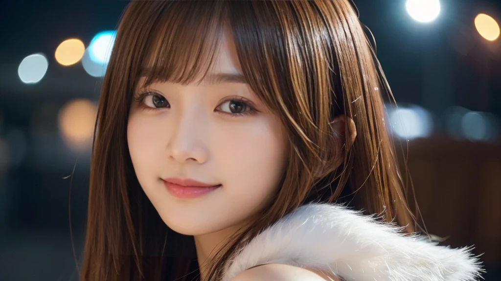 masterpiece、1 beautiful girl、Detailed eyes、Puffy eyes、Highest quality, 超High resolution, (reality: 1.4), Cinema Lighting、Japanese、Asian Beauty、Super Beauty、Beautiful Skin、thin、Body facing forward、(Surreal)、(High resolution)、(8k)、(Very detailed)、(Beautiful and detailed)、(Very detailedな)、 (wall-)、Detailed face、Bright lighting、Professional Lighting、View your audience、Look straight ahead、Completely naked、Long Hair, My hair is messy, Asymmetrical bangs, 、Night view、Brown Hair、Japan is an idol、Korean Idol、Burning idol pose、、21 years old、expensive, smile,