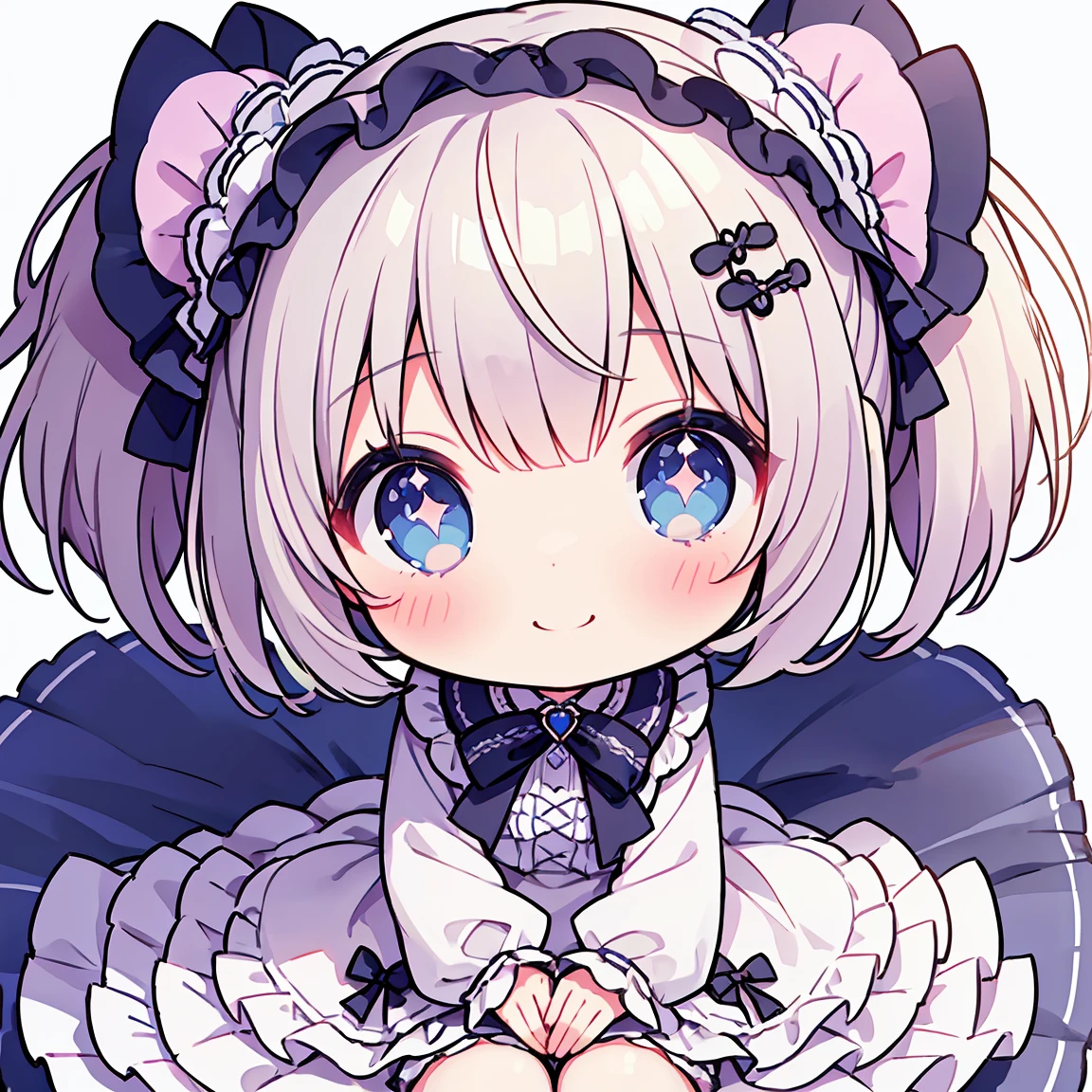 masterpiece, Highest quality, Highest Resolution、One Girl, short hair, pastel colour、Gothic Lolita、Holding a bouquet in both hands、Cute Dresses、Sparkling eyes、A smile that will captivate you、White background、Very long twin tails、Sitting、Looking at me、View from the right oblique top、whole body