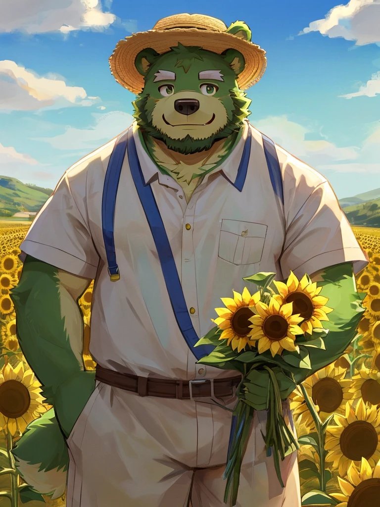 anthro, kemono, male, solo, (((green bear))), (((green fur))), green hair, beard, white eyebrows, mature, sketch drawing, hold a sunflower bouquet, in a sunflower field, smile, sunny day, sceenery, landscape, straw hat and casual summer clothes,
