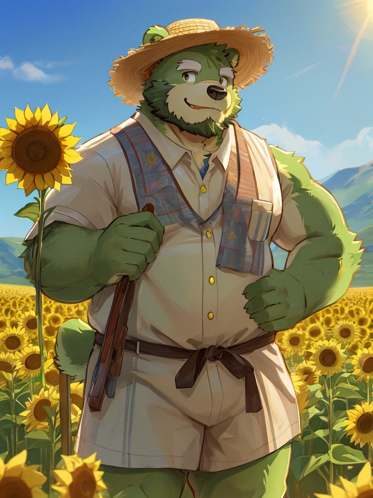 anthro, kemono, male, solo, (((green bear))), (((green fur))), green hair, beard, white eyebrows, mature, sketch drawing, hold a sunflower bouquet, in a sunflower field, smile, sunny day, sceenery, landscape, straw hat and casual summer clothes,