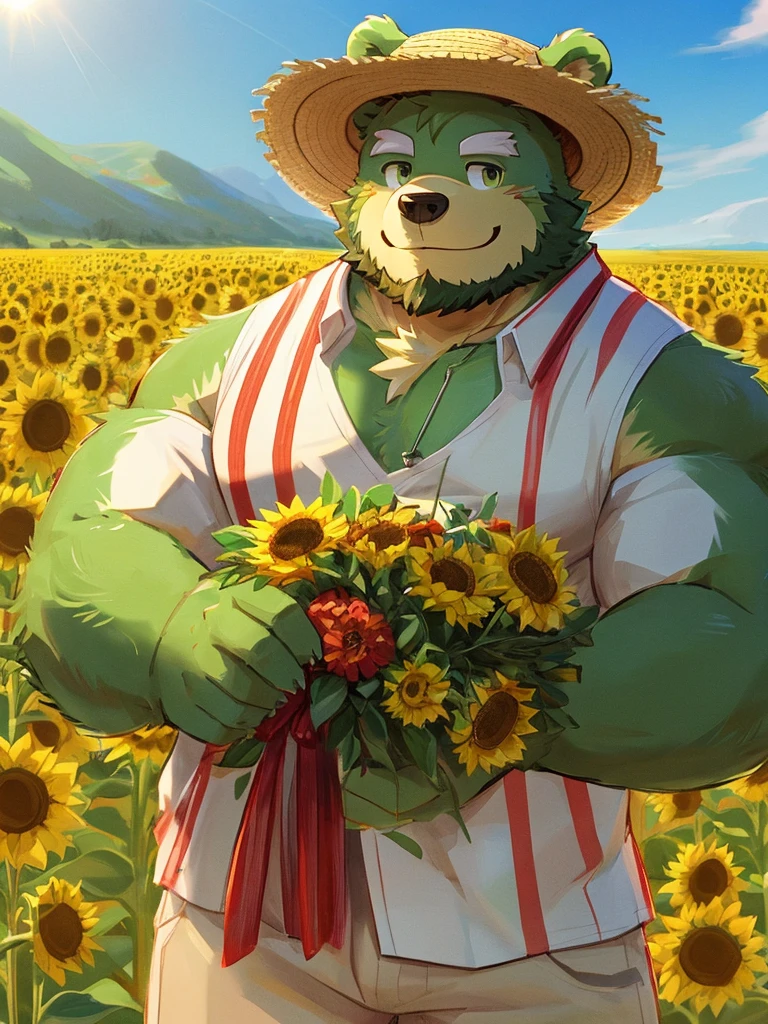 anthro, kemono, male, solo, (((green bear))), (((green fur))), green hair, beard, white eyebrows, mature, sketch drawing, hold a sunflower bouquet, in a sunflower field, smile, sunny day, sceenery, landscape, straw hat and casual summer clothes,
