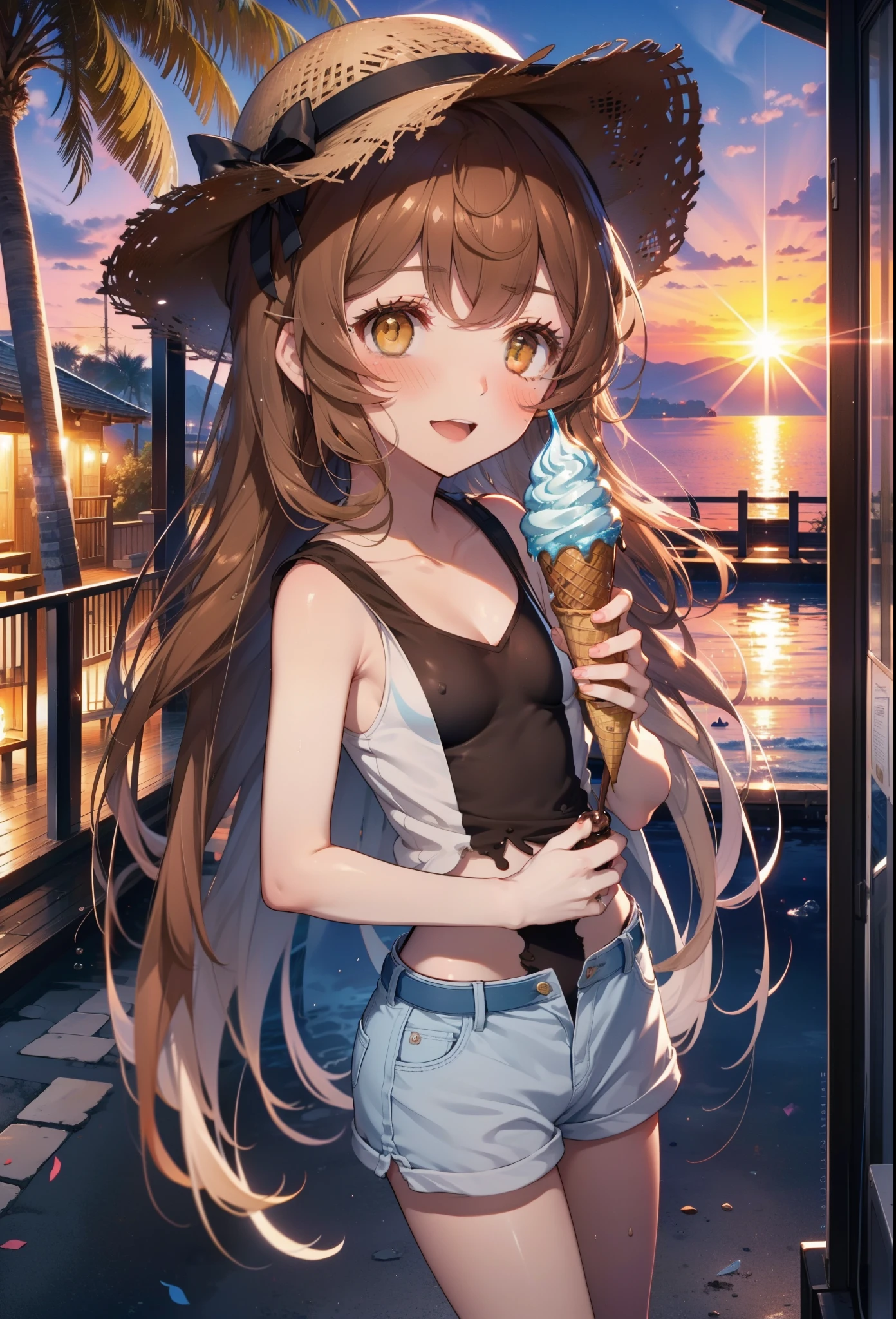 Lililukarde, Liliruka gets burned, , (Brown eyes:1.7), Brown Hair, (Flat Chest:1.2), smile,blush,Open your mouth,Straw hat,short hair,Brown tank top,Shorts,Holding ice cream in both hands,Heeled Sandals,Walking,sunset,evening,The sun is setting,whole bodyがイラストに入るように,
break looking at viewer,whole body,
break outdoors, Building district,Palm tree,Tropical,
break (masterpiece:1.2), Highest quality, High resolution, unity 8k wallpaper, (figure:0.8), (Beautiful attention to detail:1.6), Highly detailed face, Perfect lighting, Highly detailed CG, (Perfect hands, Perfect Anatomy),